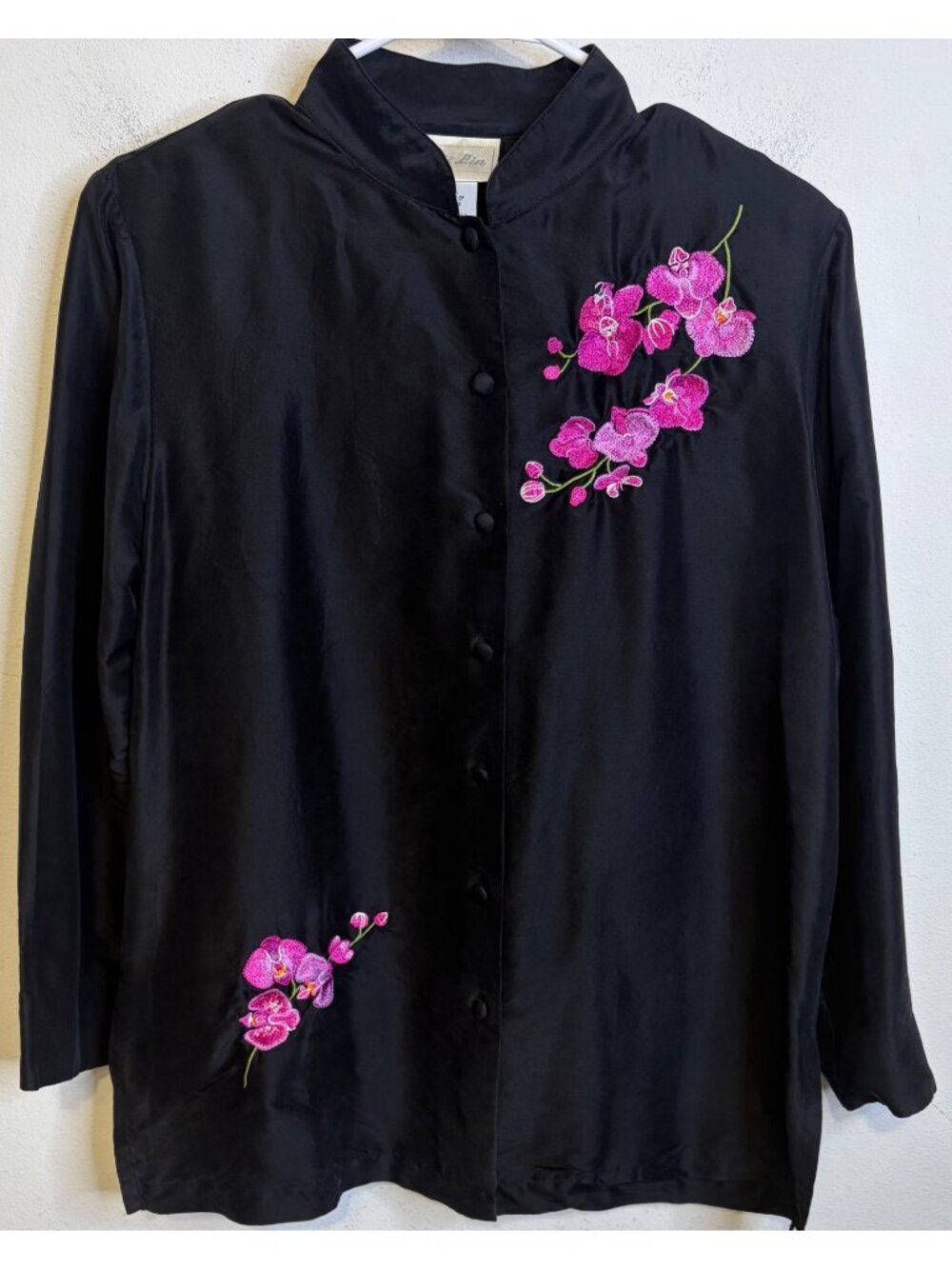 Yi Lin Women Black Mandarin Collar Silk Shirt Blouse Button Up MEDIUM Embroidery